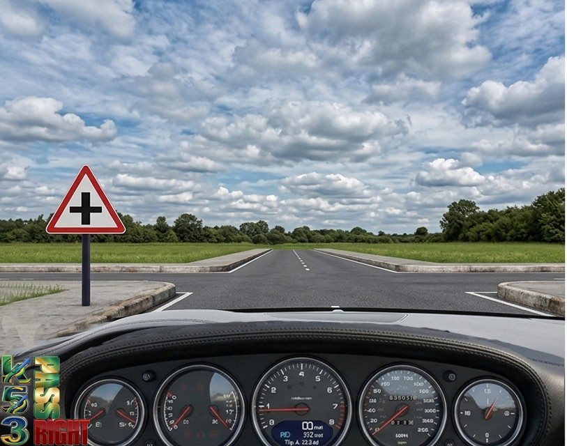 Crossroads ahead warning sign example